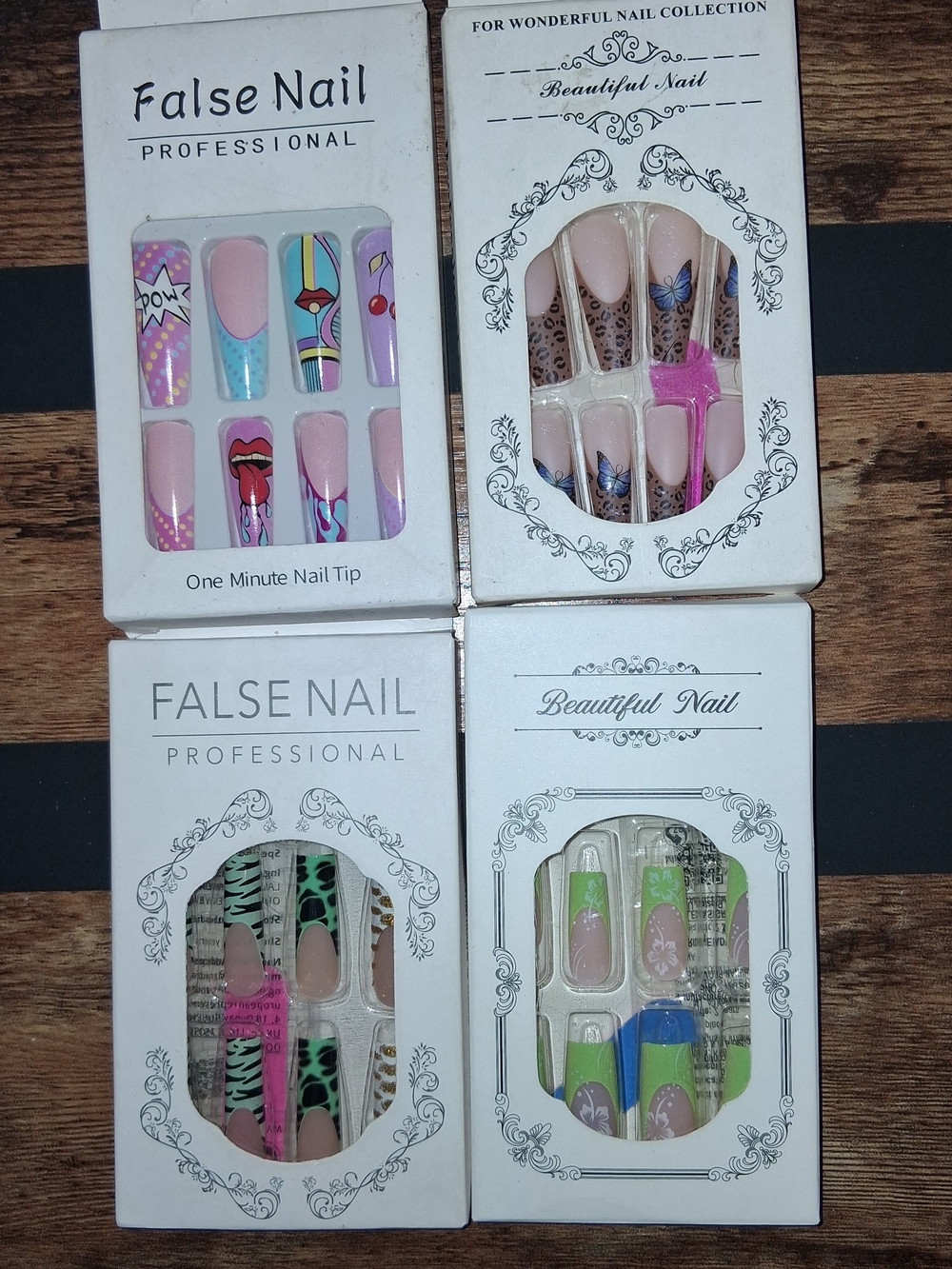 Set of 4 Assorted False Nail Packs - Pink, Purple, Blue, Green